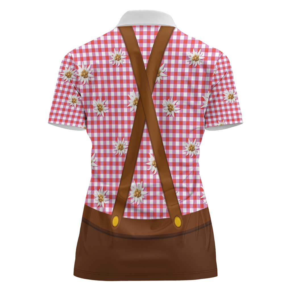 Traditional German Costume - Lederhosen and Soft Pretzel Women Polo Shirt Blue Plaid Pattern with Edelweiss Flowers