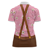 Traditional German Costume - Lederhosen and Soft Pretzel Women Polo Shirt Blue Plaid Pattern with Edelweiss Flowers