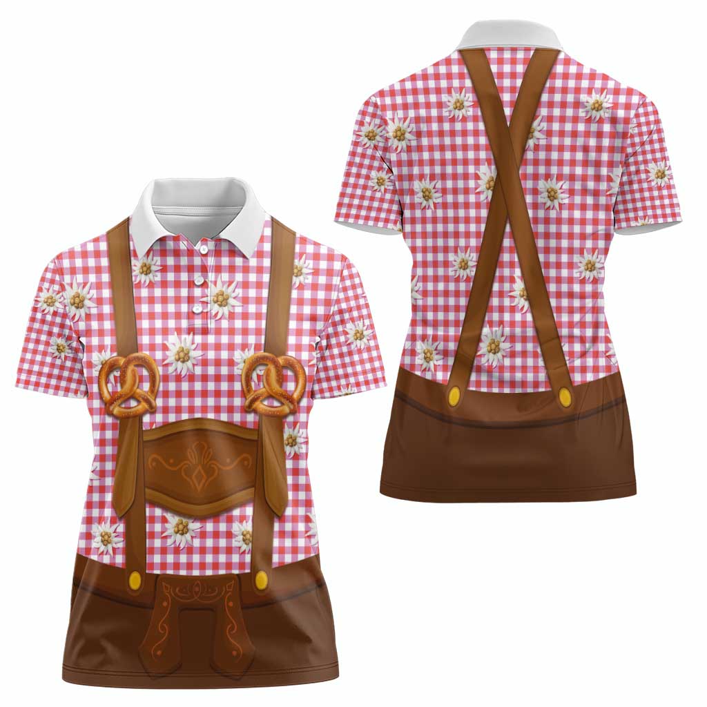 Traditional German Costume - Lederhosen and Soft Pretzel Women Polo Shirt Blue Plaid Pattern with Edelweiss Flowers