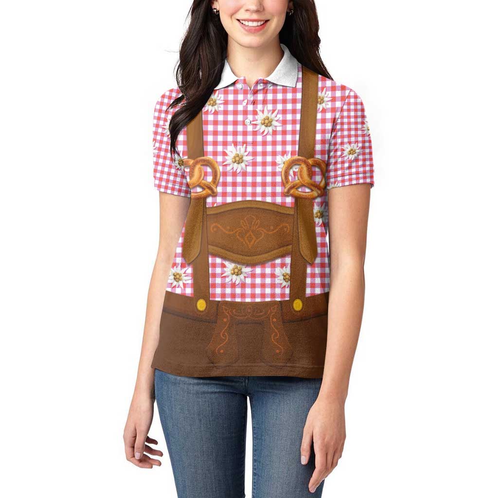 Traditional German Costume - Lederhosen and Soft Pretzel Women Polo Shirt Blue Plaid Pattern with Edelweiss Flowers