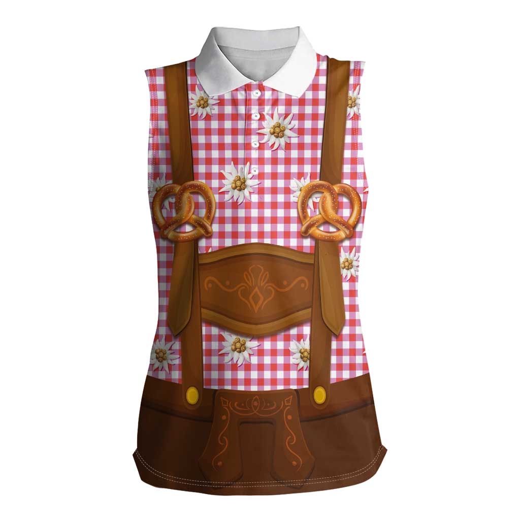 Traditional German Costume - Lederhosen and Soft Pretzel Women Sleeveless Polo Shirt Blue Plaid Pattern with Edelweiss Flowers
