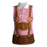 Traditional German Costume - Lederhosen and Soft Pretzel Women Sleeveless Polo Shirt Blue Plaid Pattern with Edelweiss Flowers