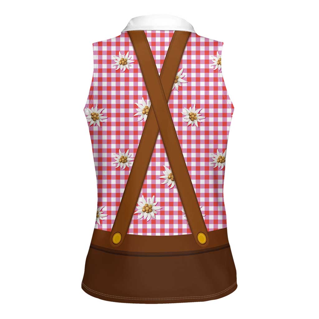 Traditional German Costume - Lederhosen and Soft Pretzel Women Sleeveless Polo Shirt Blue Plaid Pattern with Edelweiss Flowers