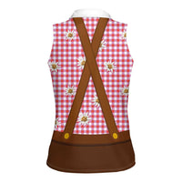 Traditional German Costume - Lederhosen and Soft Pretzel Women Sleeveless Polo Shirt Blue Plaid Pattern with Edelweiss Flowers