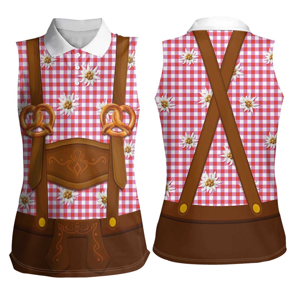 Traditional German Costume - Lederhosen and Soft Pretzel Women Sleeveless Polo Shirt Blue Plaid Pattern with Edelweiss Flowers
