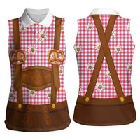 Traditional German Costume - Lederhosen and Soft Pretzel Women Sleeveless Polo Shirt Blue Plaid Pattern with Edelweiss Flowers