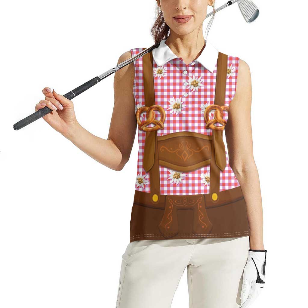 Traditional German Costume - Lederhosen and Soft Pretzel Women Sleeveless Polo Shirt Blue Plaid Pattern with Edelweiss Flowers