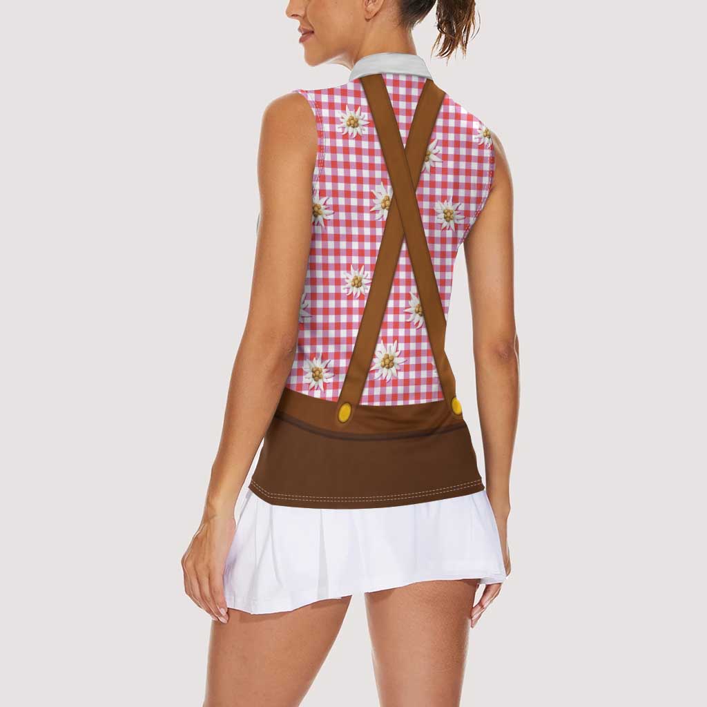 Traditional German Costume - Lederhosen and Soft Pretzel Women Sleeveless Polo Shirt Blue Plaid Pattern with Edelweiss Flowers