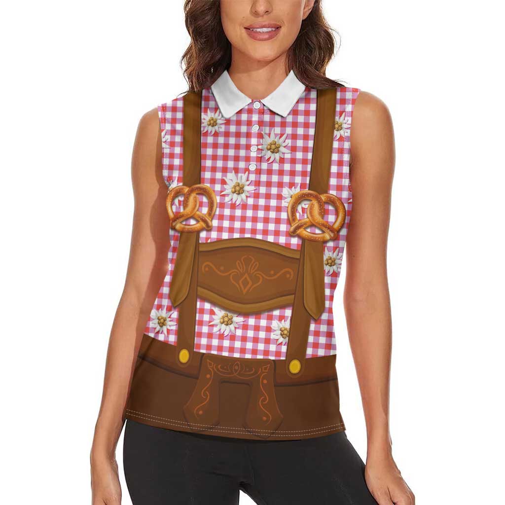 Traditional German Costume - Lederhosen and Soft Pretzel Women Sleeveless Polo Shirt Blue Plaid Pattern with Edelweiss Flowers