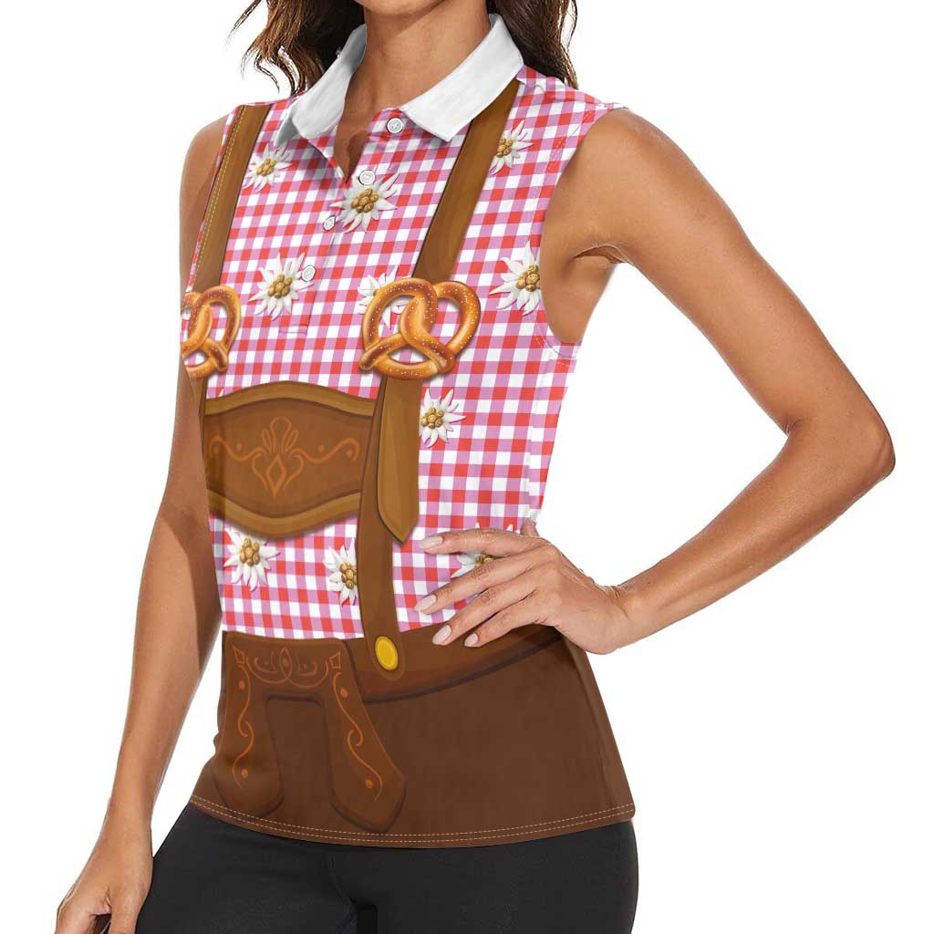 Traditional German Costume - Lederhosen and Soft Pretzel Women Sleeveless Polo Shirt Blue Plaid Pattern with Edelweiss Flowers