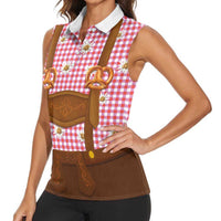 Traditional German Costume - Lederhosen and Soft Pretzel Women Sleeveless Polo Shirt Blue Plaid Pattern with Edelweiss Flowers