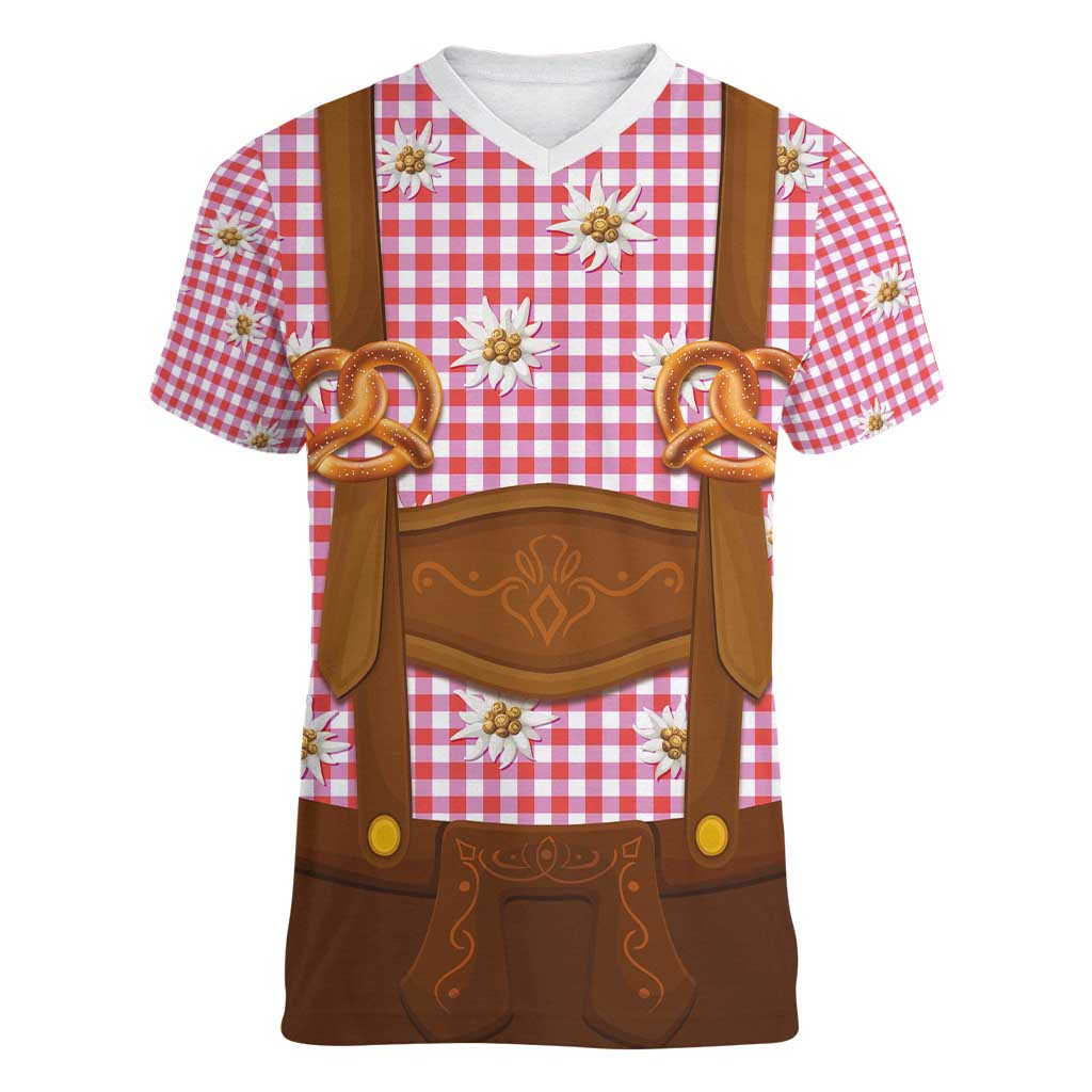 Traditional German Costume - Lederhosen and Soft Pretzel Women V-Neck T-Shirt Blue Plaid Pattern with Edelweiss Flowers