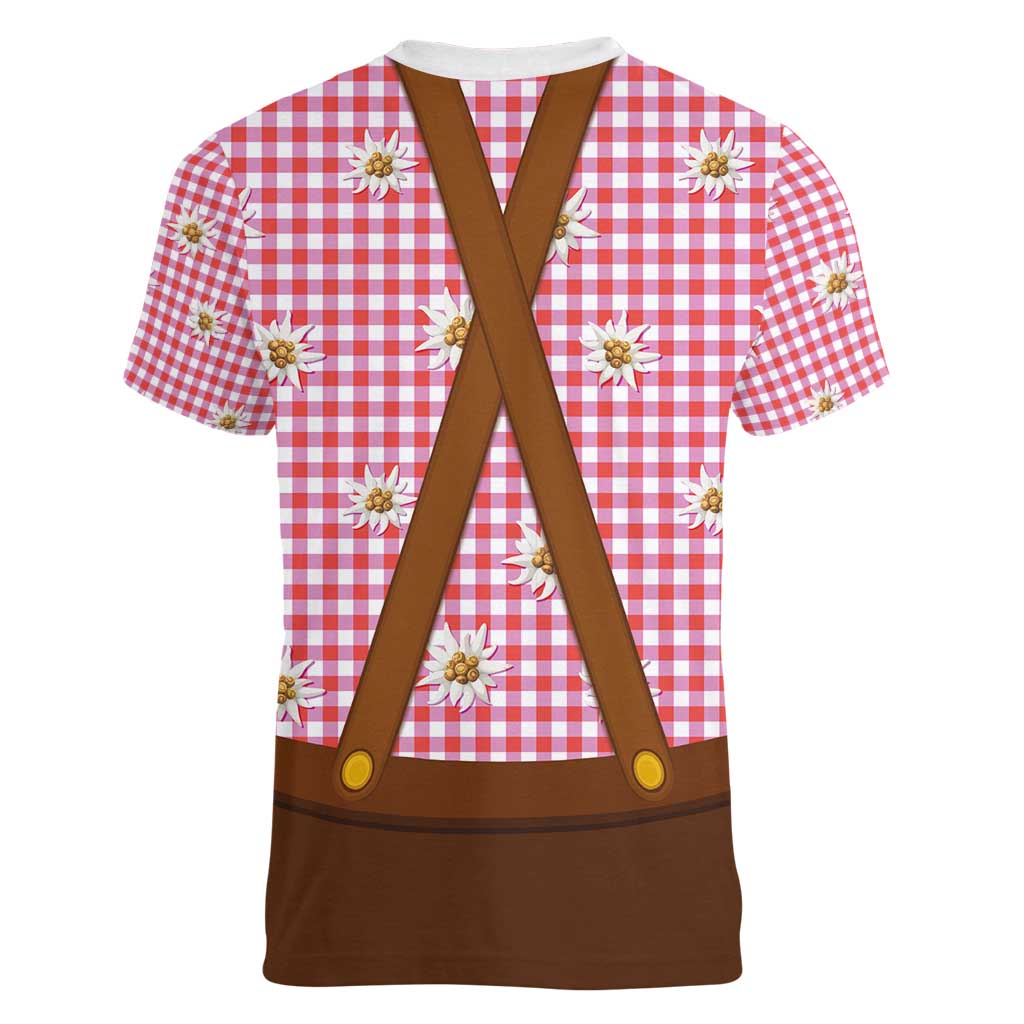 Traditional German Costume - Lederhosen and Soft Pretzel Women V-Neck T-Shirt Blue Plaid Pattern with Edelweiss Flowers