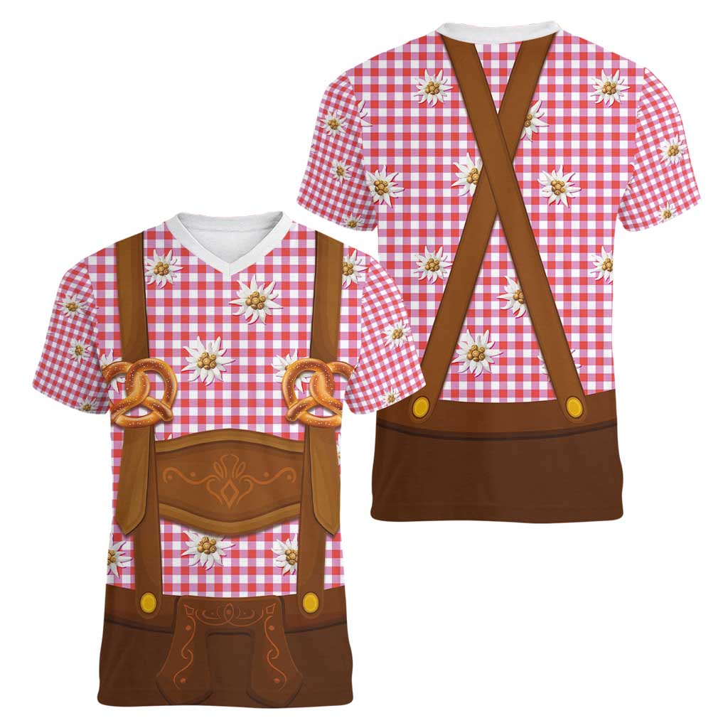 Traditional German Costume - Lederhosen and Soft Pretzel Women V-Neck T-Shirt Blue Plaid Pattern with Edelweiss Flowers