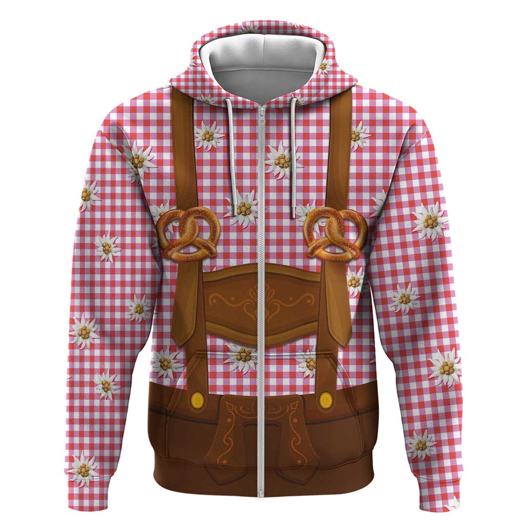 Traditional German Costume - Lederhosen and Soft Pretzel Zip Hoodie Blue Plaid Pattern with Edelweiss Flowers