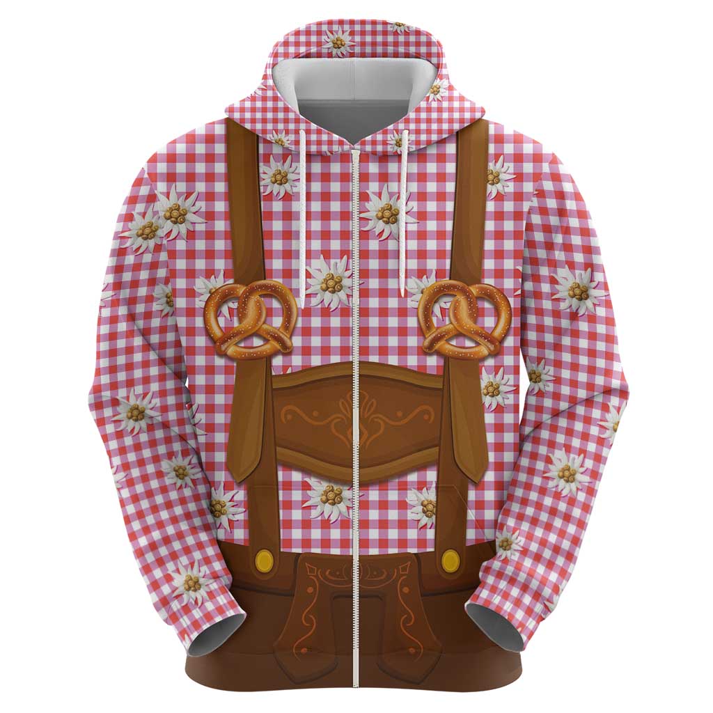 Traditional German Costume - Lederhosen and Soft Pretzel Zip Hoodie Blue Plaid Pattern with Edelweiss Flowers