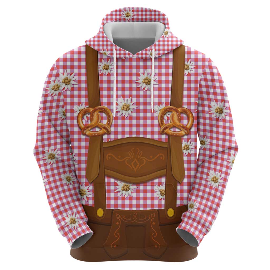 Traditional German Costume - Lederhosen and Soft Pretzel Zip Hoodie Blue Plaid Pattern with Edelweiss Flowers