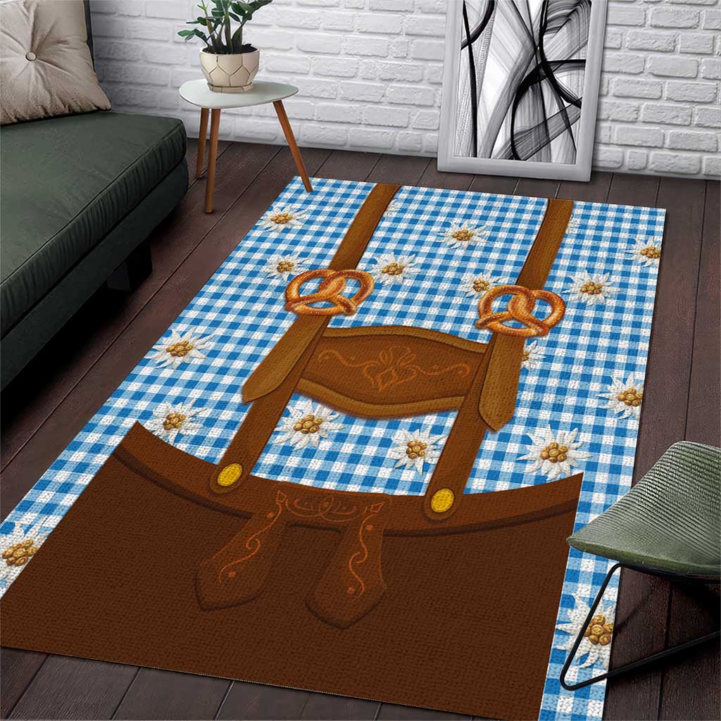Traditional German Costume - Lederhosen and Soft Pretzel Area Rug Red Plaid Pattern with Edelweiss Flowers