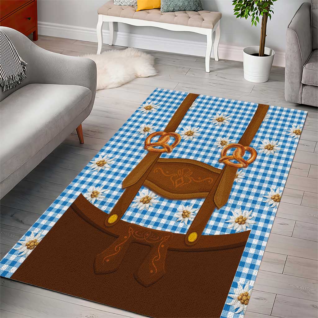 Traditional German Costume - Lederhosen and Soft Pretzel Area Rug Red Plaid Pattern with Edelweiss Flowers