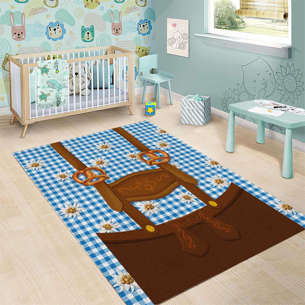 Traditional German Costume - Lederhosen and Soft Pretzel Area Rug Red Plaid Pattern with Edelweiss Flowers