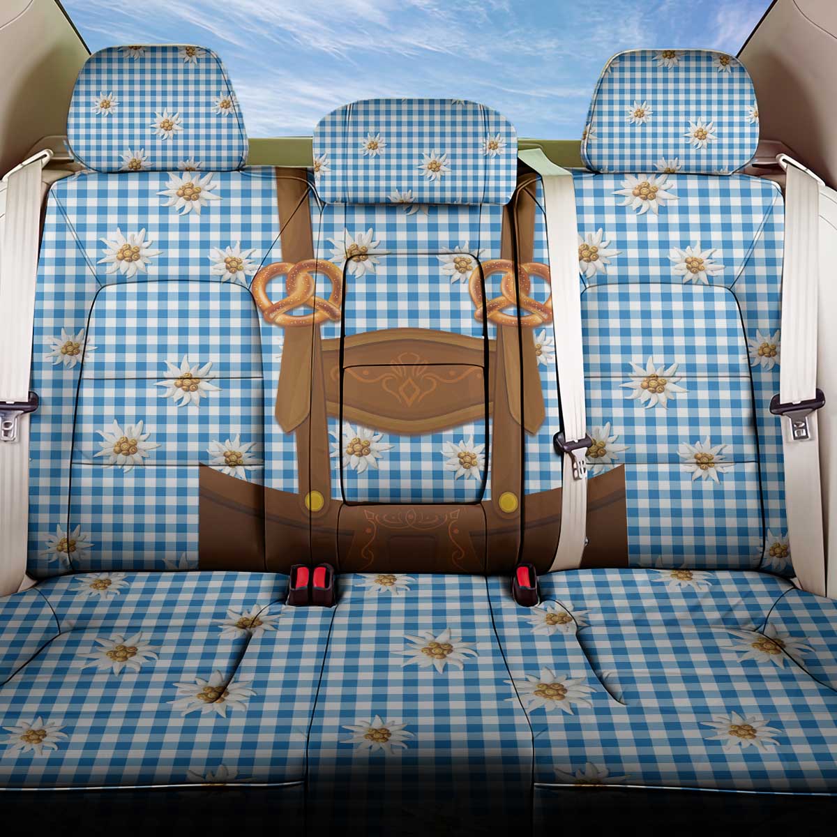Traditional German Costume - Lederhosen and Soft Pretzel Back Car Seat Cover Red Plaid Pattern with Edelweiss Flowers