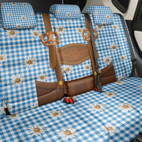 Traditional German Costume - Lederhosen and Soft Pretzel Back Car Seat Cover Red Plaid Pattern with Edelweiss Flowers