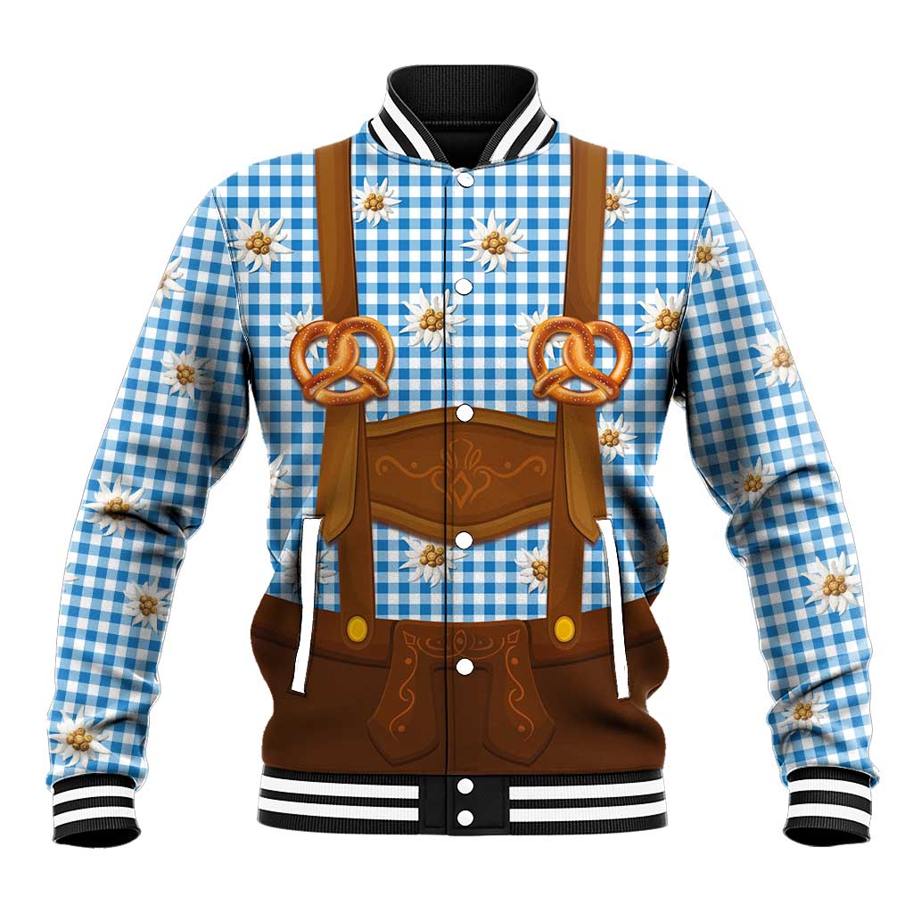 Traditional German Costume - Lederhosen and Soft Pretzel Baseball Jacket Red Plaid Pattern with Edelweiss Flowers