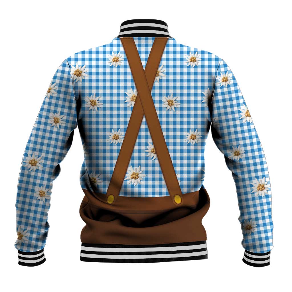 Traditional German Costume - Lederhosen and Soft Pretzel Baseball Jacket Red Plaid Pattern with Edelweiss Flowers