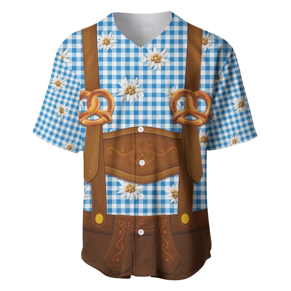 Traditional German Costume - Lederhosen and Soft Pretzel Baseball Jersey Red Plaid Pattern with Edelweiss Flowers