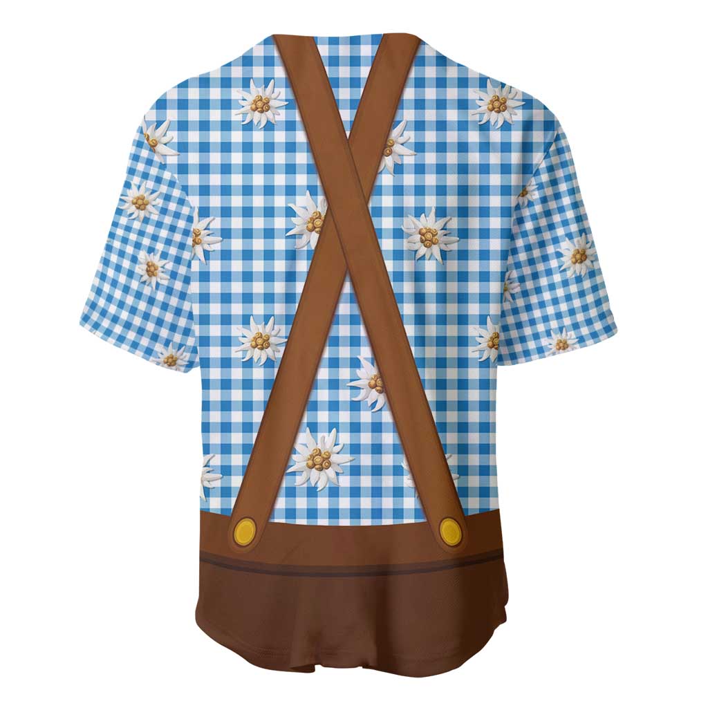 Traditional German Costume - Lederhosen and Soft Pretzel Baseball Jersey Red Plaid Pattern with Edelweiss Flowers