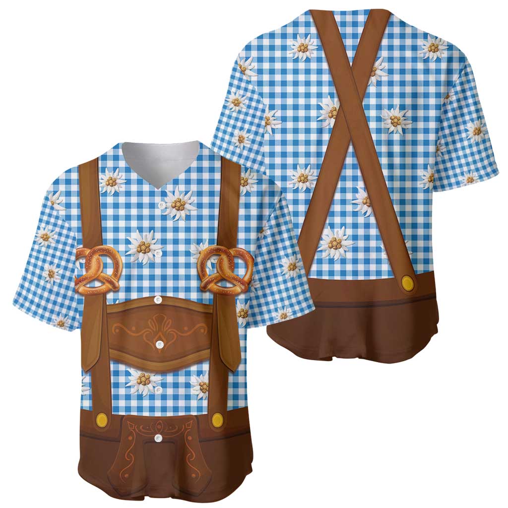 Traditional German Costume - Lederhosen and Soft Pretzel Baseball Jersey Red Plaid Pattern with Edelweiss Flowers