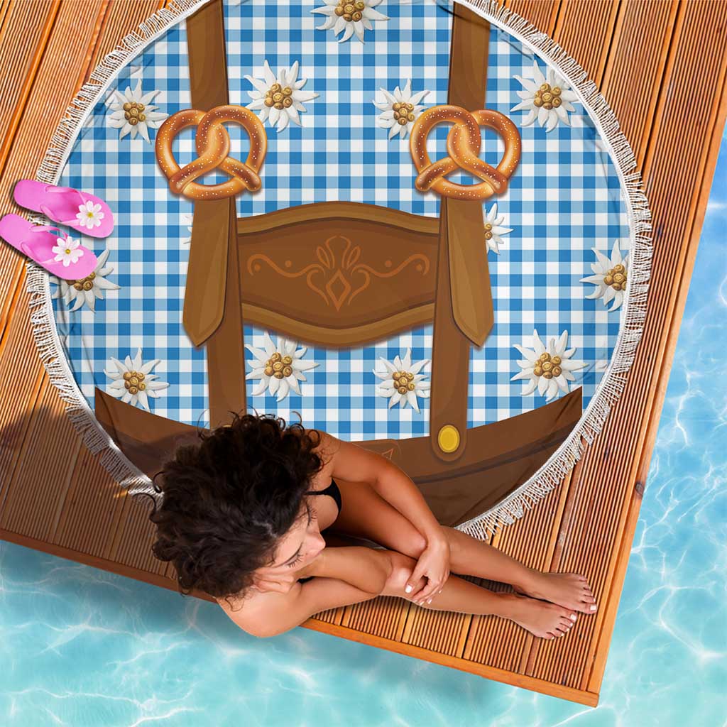 Traditional German Costume - Lederhosen and Soft Pretzel Beach Blanket Red Plaid Pattern with Edelweiss Flowers