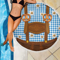 Traditional German Costume - Lederhosen and Soft Pretzel Beach Blanket Red Plaid Pattern with Edelweiss Flowers