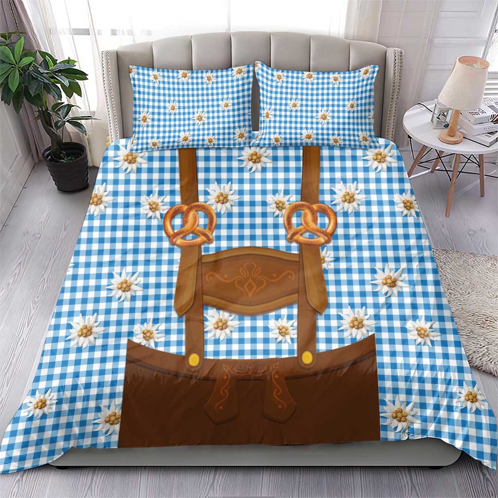 Traditional German Costume - Lederhosen and Soft Pretzel Bedding Set Red Plaid Pattern with Edelweiss Flowers