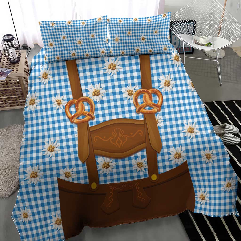 Traditional German Costume - Lederhosen and Soft Pretzel Bedding Set Red Plaid Pattern with Edelweiss Flowers