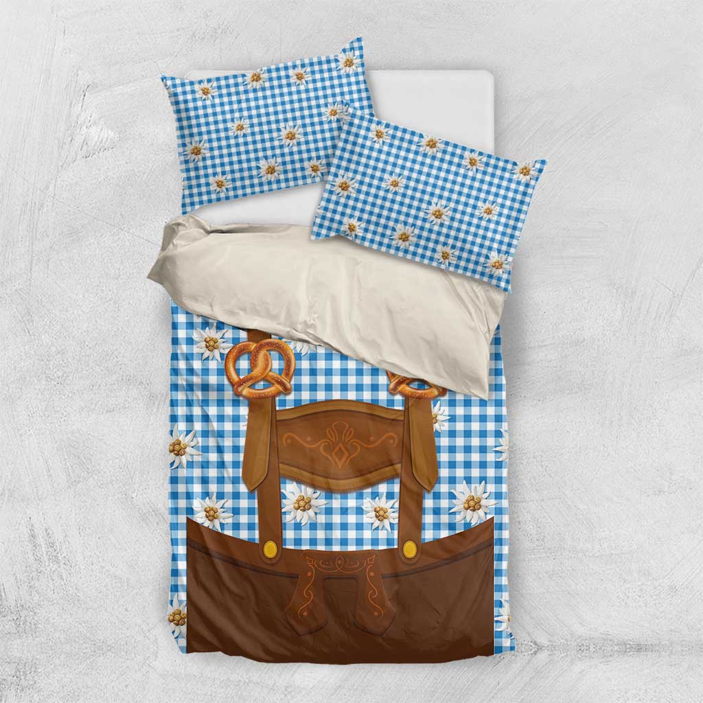 Traditional German Costume - Lederhosen and Soft Pretzel Bedding Set Red Plaid Pattern with Edelweiss Flowers