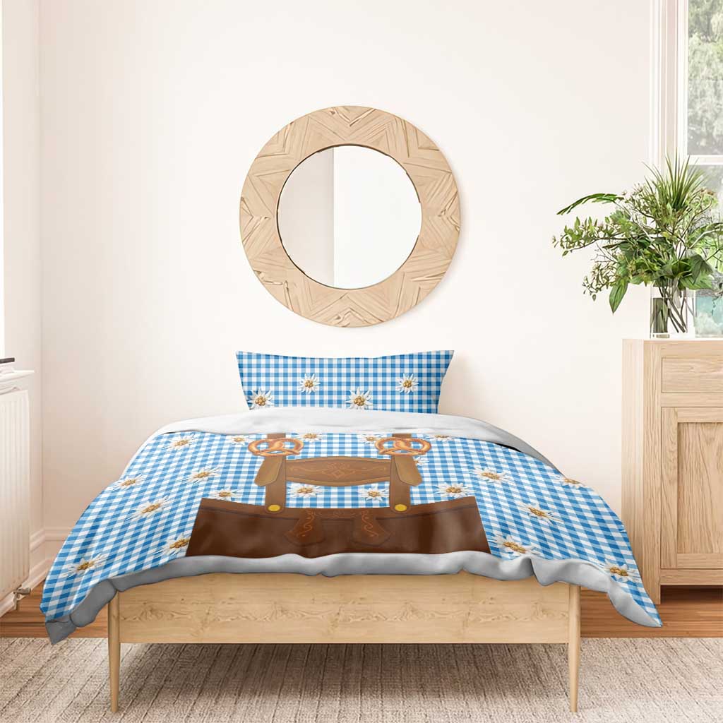 Traditional German Costume - Lederhosen and Soft Pretzel Bedding Set Red Plaid Pattern with Edelweiss Flowers