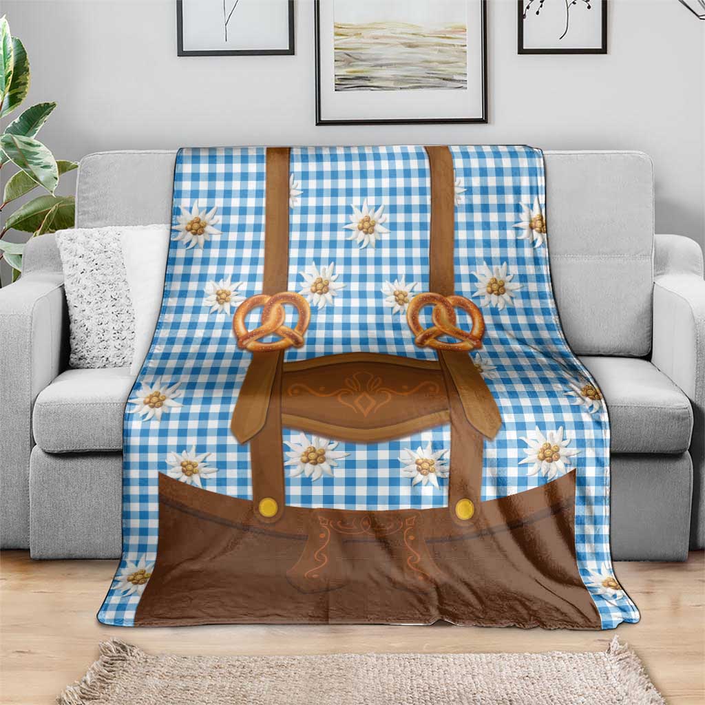 Traditional German Costume - Lederhosen and Soft Pretzel Blanket Red Plaid Pattern with Edelweiss Flowers