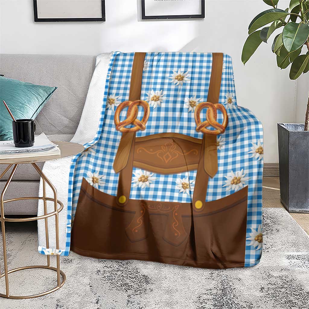 Traditional German Costume - Lederhosen and Soft Pretzel Blanket Red Plaid Pattern with Edelweiss Flowers