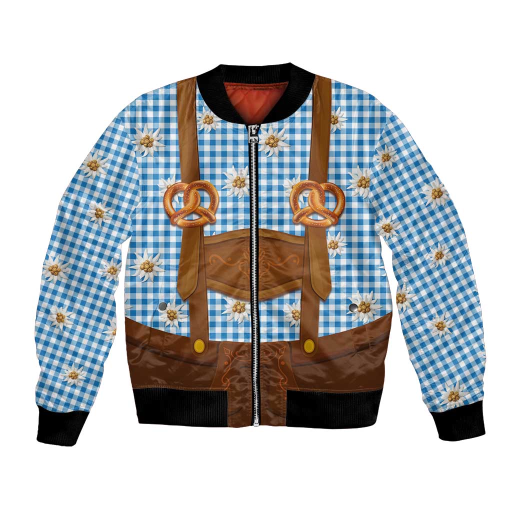 Traditional German Costume - Lederhosen and Soft Pretzel Bomber Jacket Red Plaid Pattern with Edelweiss Flowers