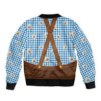 Traditional German Costume - Lederhosen and Soft Pretzel Bomber Jacket Red Plaid Pattern with Edelweiss Flowers