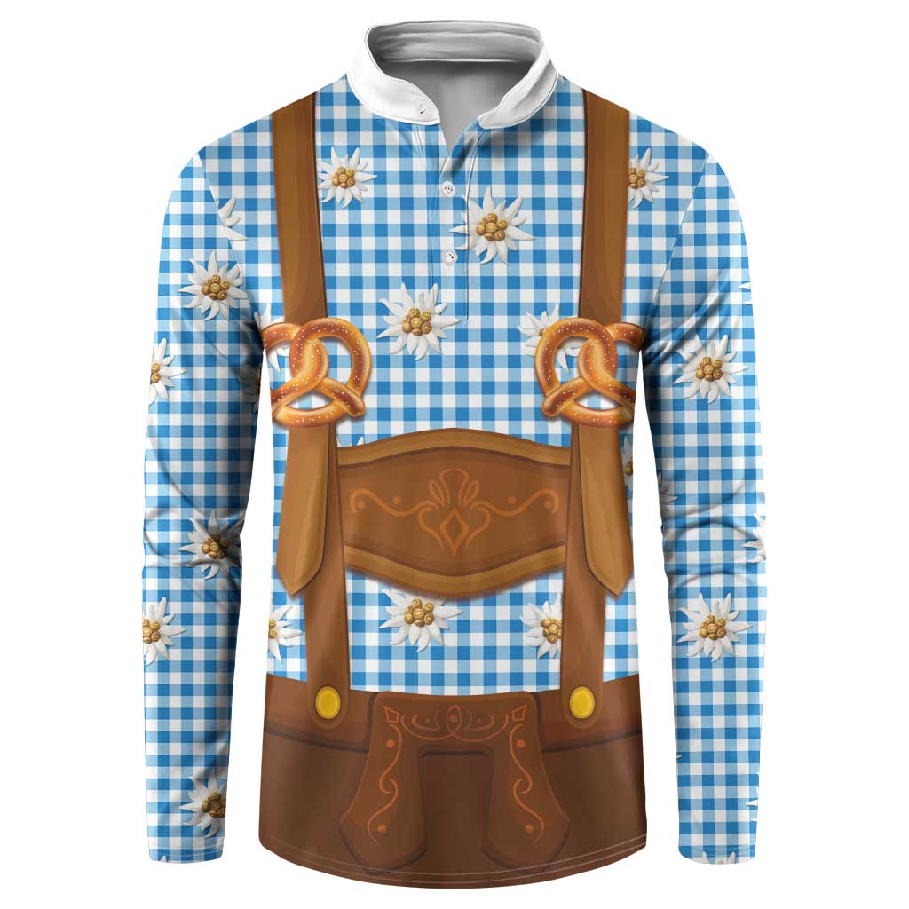 Traditional German Costume - Lederhosen and Soft Pretzel Button Sweatshirt Red Plaid Pattern with Edelweiss Flowers