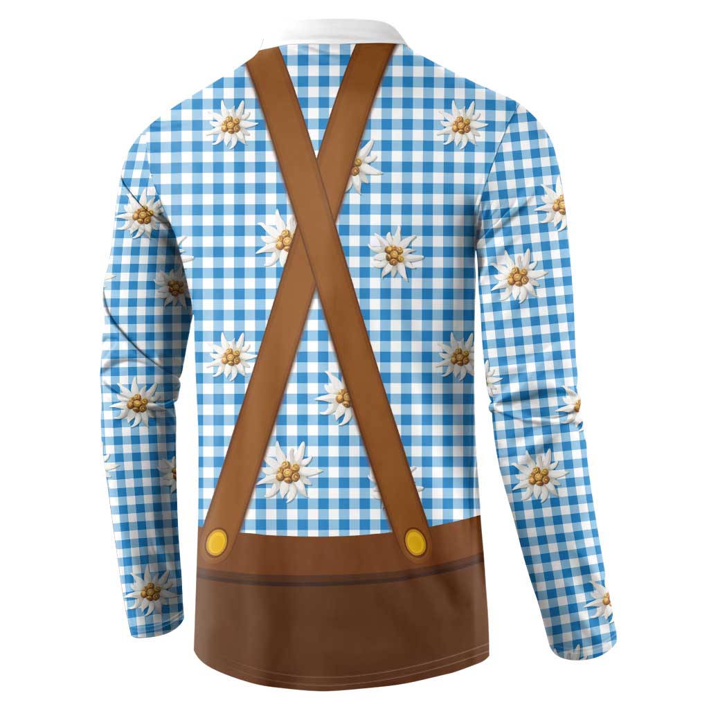 Traditional German Costume - Lederhosen and Soft Pretzel Button Sweatshirt Red Plaid Pattern with Edelweiss Flowers