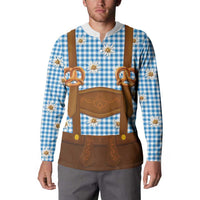 Traditional German Costume - Lederhosen and Soft Pretzel Button Sweatshirt Red Plaid Pattern with Edelweiss Flowers