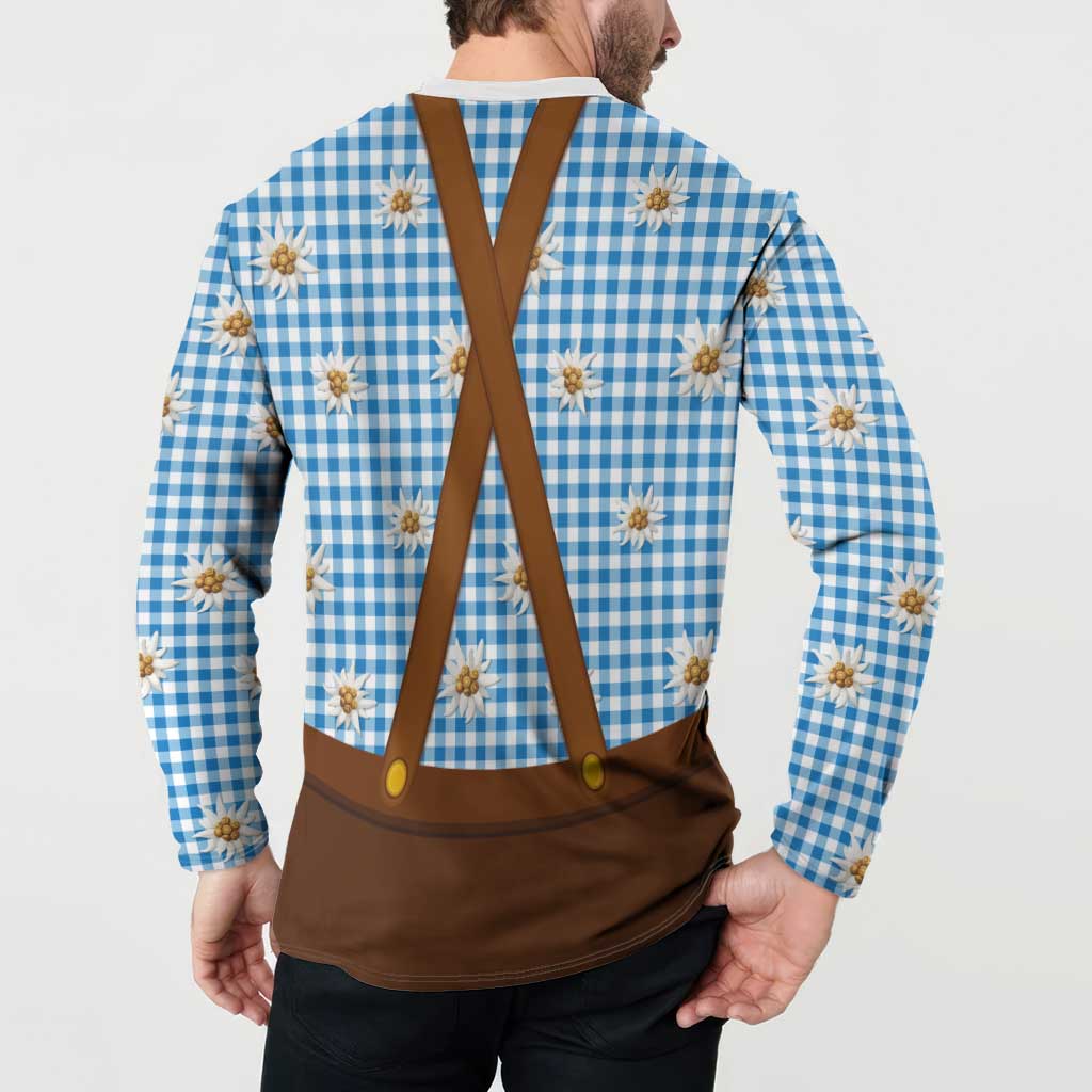 Traditional German Costume - Lederhosen and Soft Pretzel Button Sweatshirt Red Plaid Pattern with Edelweiss Flowers