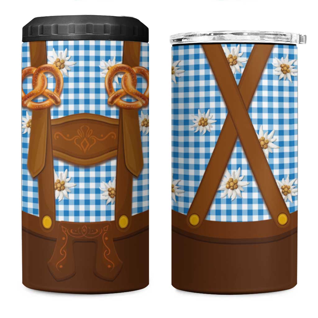 Traditional German Costume - Lederhosen and Soft Pretzel 4 in 1 Can Cooler Tumbler Red Plaid Pattern with Edelweiss Flowers