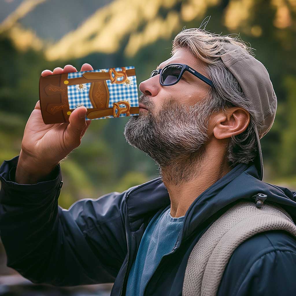 Traditional German Costume - Lederhosen and Soft Pretzel 4 in 1 Can Cooler Tumbler Red Plaid Pattern with Edelweiss Flowers