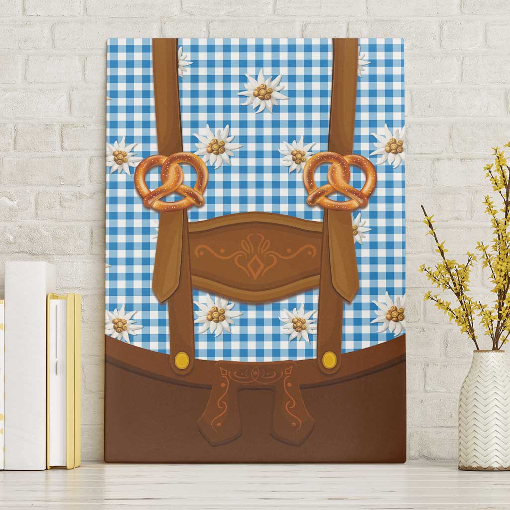 Traditional German Costume - Lederhosen and Soft Pretzel Canvas Wall Art Red Plaid Pattern with Edelweiss Flowers