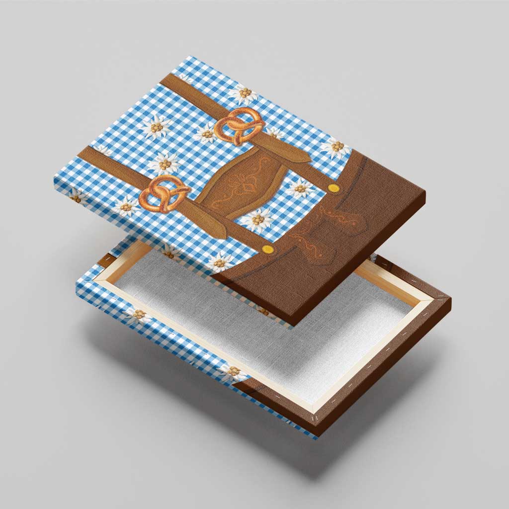 Traditional German Costume - Lederhosen and Soft Pretzel Canvas Wall Art Red Plaid Pattern with Edelweiss Flowers