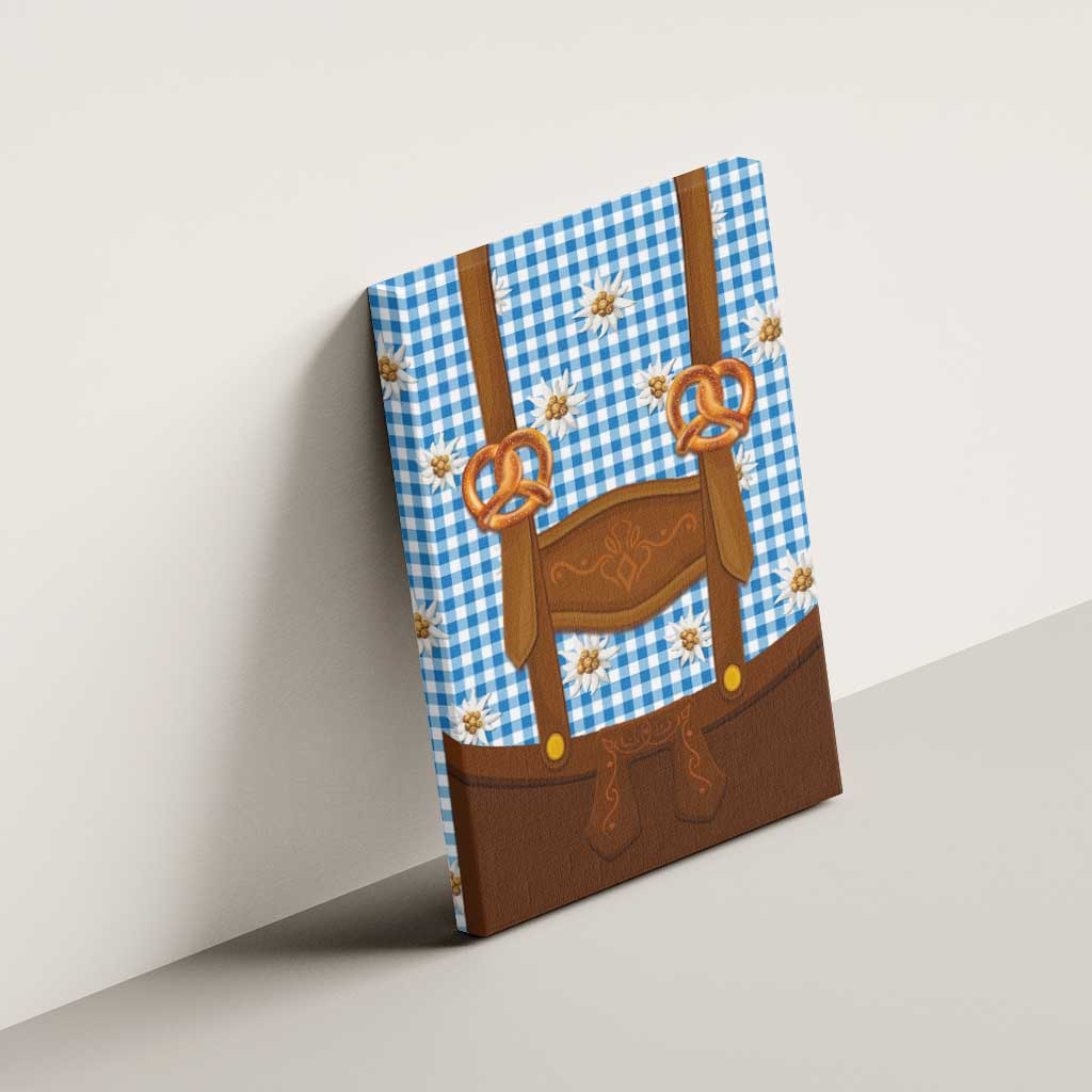 Traditional German Costume - Lederhosen and Soft Pretzel Canvas Wall Art Red Plaid Pattern with Edelweiss Flowers